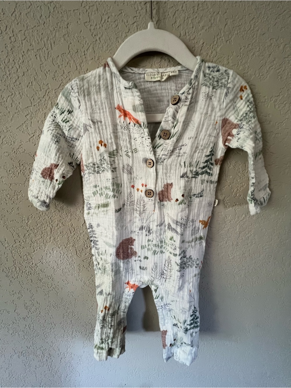 Elegant Baby Lightweight Woodland Critters Jumpsuit with Wood Accent Buttons